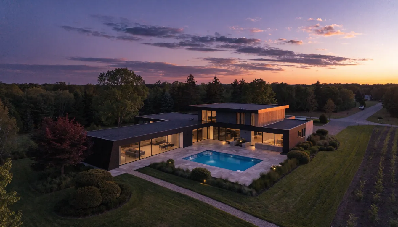 Modern house with large windows, swimming pool, and surrounding landscape at dusk.